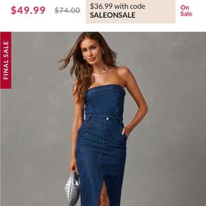 Vici Dark Blue Strapless Denim Midi Dress